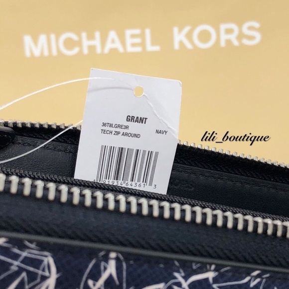 NWT Michael Kors Mens Grant Tech Zip Around Wallet Leather Palm Tree Navy $198 - Picture 10 of 11